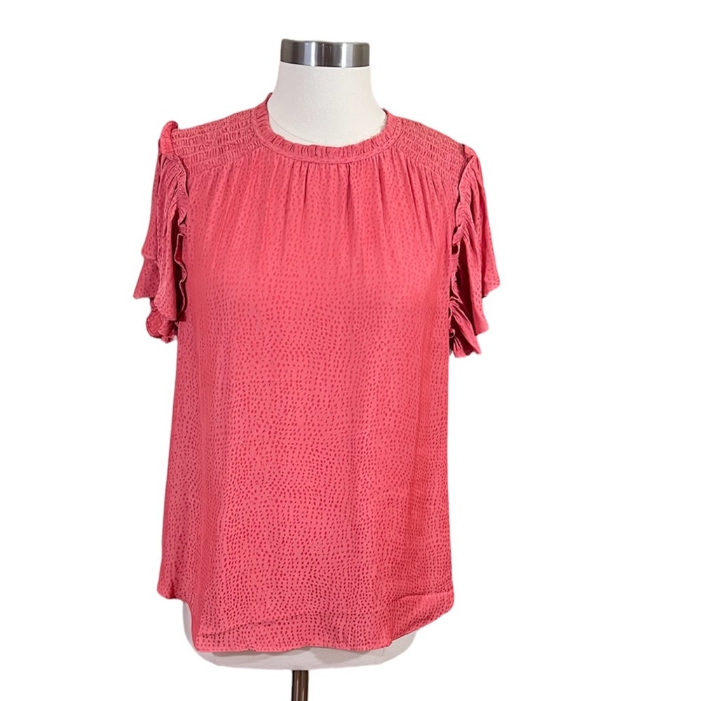 ✨SOLD✨Ann Taylor Pink Pin Dot Satin Flutter Sleeve Blouse - Picture 1 of 6